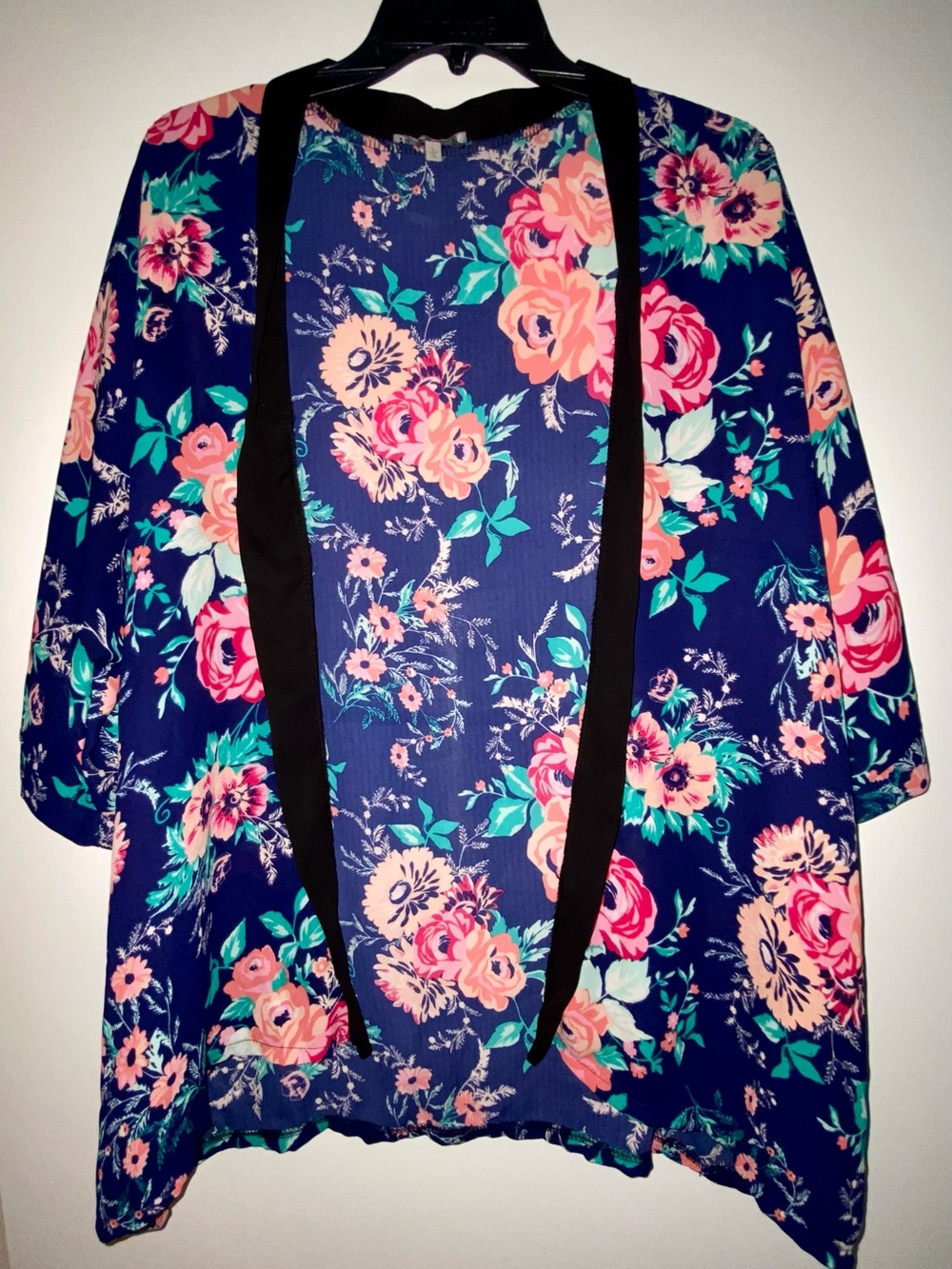 Charlotte Russe Navy Floral Open-Front Kimono with Pink Flowers